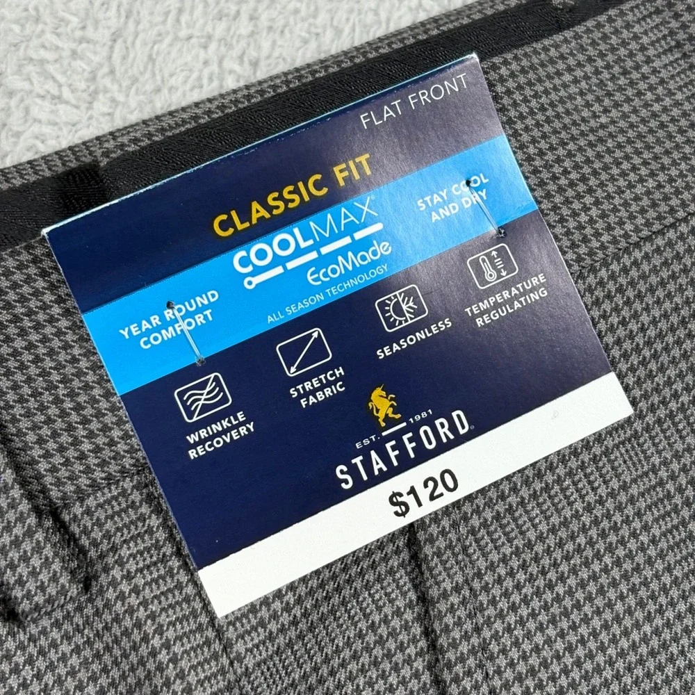 Stafford CoolMax Ecomode Gray Houndstooth Classic Wool Blend Dress Pants 40x32